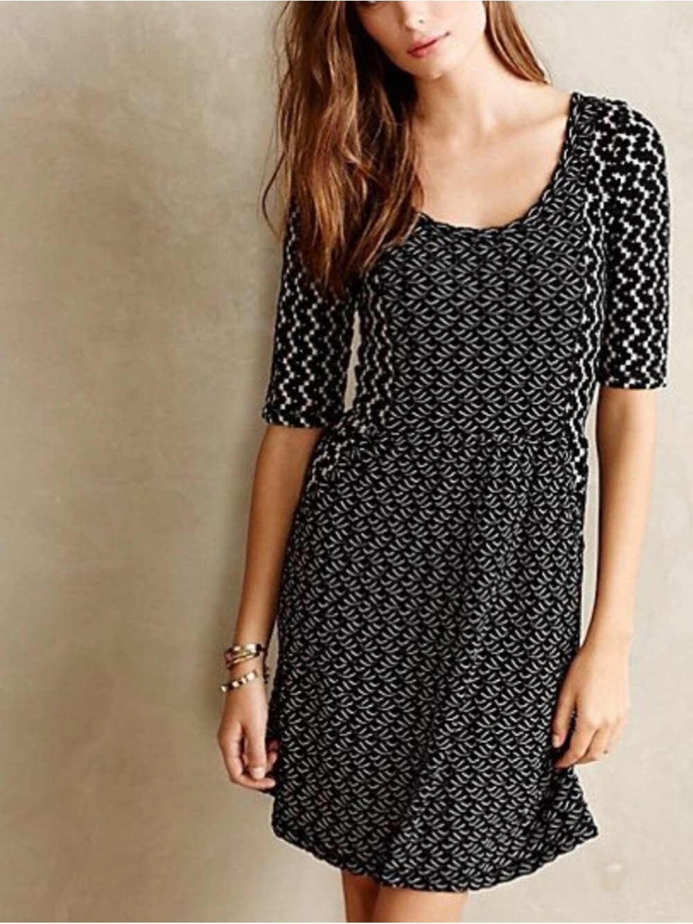 Anthropologie Saturday/Sunday Black White A-Line Dress 3/4 Sleeve Pockets S